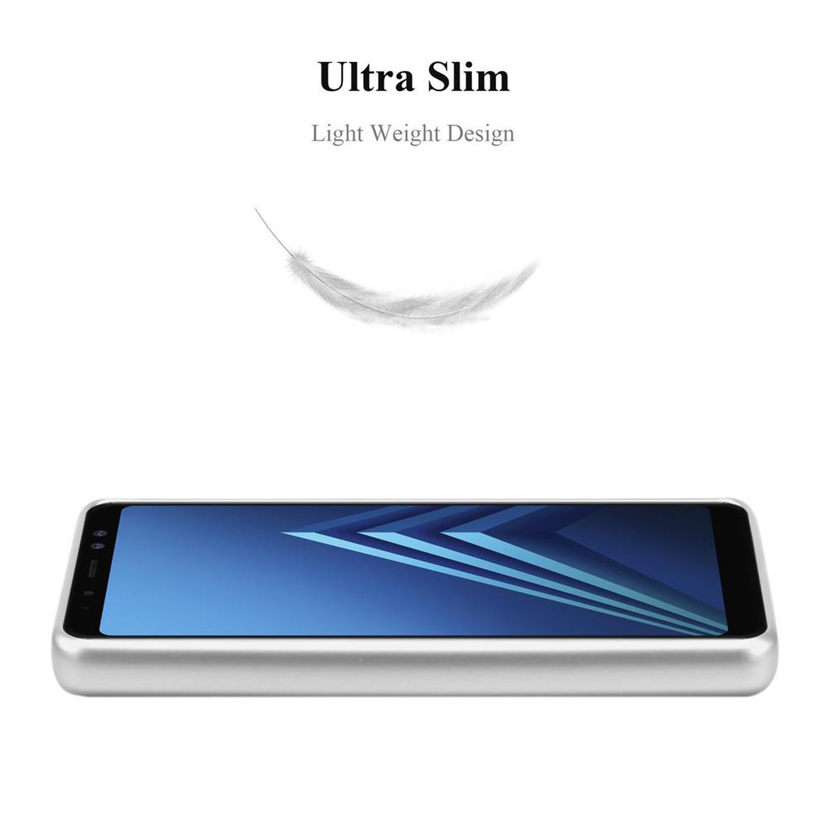 Eine Handyhülle. Über der Hülle befindet sich eine Feder. Die Hülle befindet sich auf weißem Hintergrund. Der Text lautet 'Ultra Slim'.