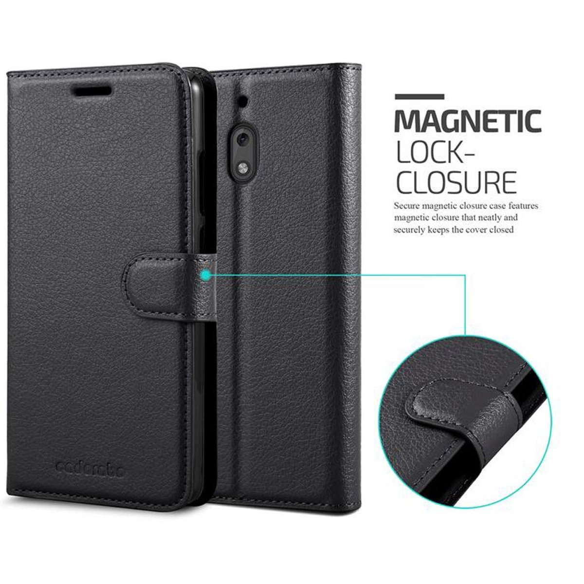 Schwarze Handyhülle, die einen magnetischen Verschluss mit Text und Details zeigt.