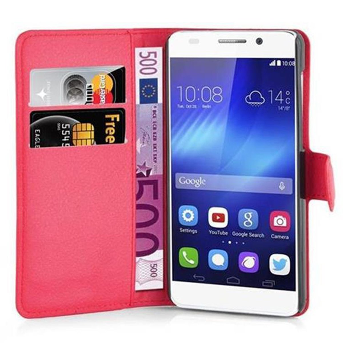 Custodia per telefono rosa, con telefono, carte e denaro. Schermo del telefono che mostra app. La custodia è aperta.