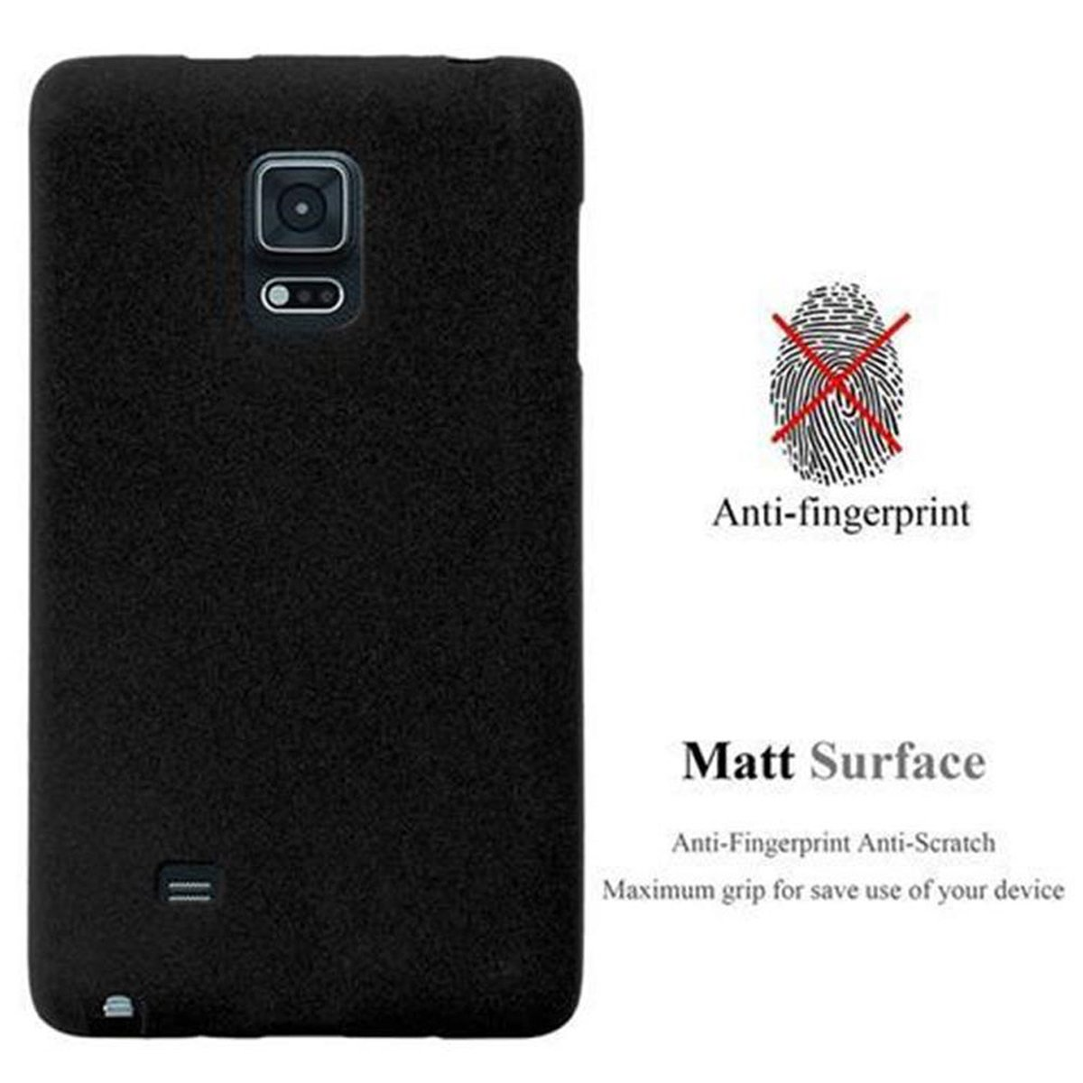 Una funda de teléfono negra con superficie mate y texto anti-huellas. Una huella dactilar está tachada.