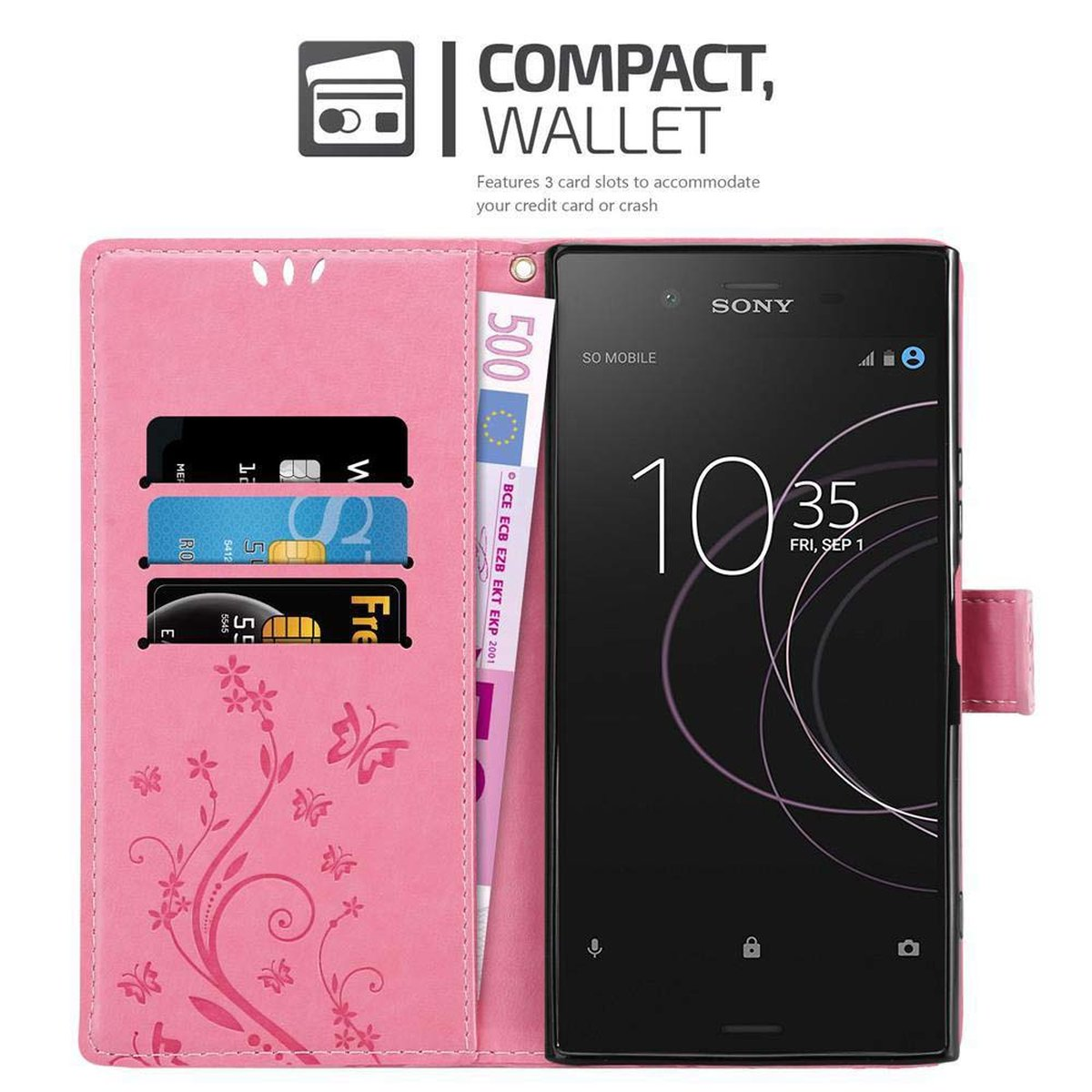 Custodia a portafoglio rosa aperta. All'interno carte, denaro e telefono. Testo: 'Compact, Wallet'.