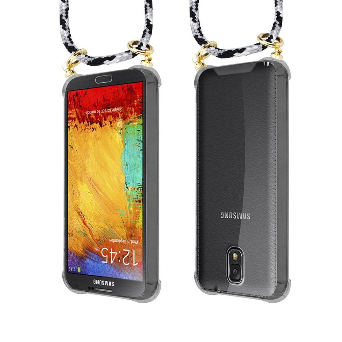 CADORABO Handy Kette mit CAMOUFLAGE abnehmbarer Band Samsung, Gold 3, Galaxy Ringen, und NOTE Backcover, Hülle, SCHWARZ Kordel