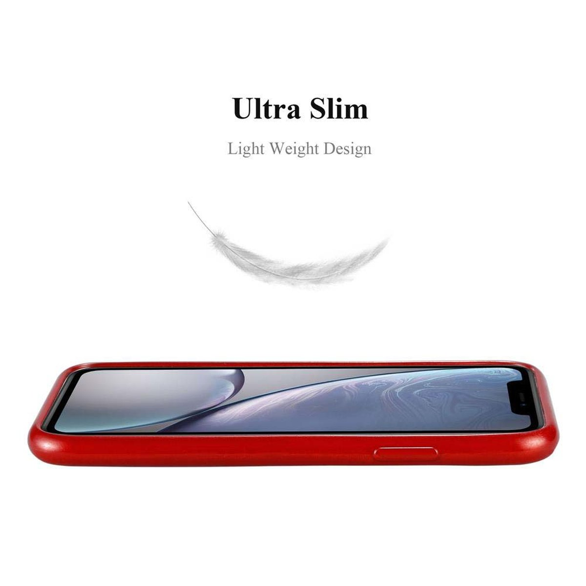 Telefono sottile con grafica a piuma e testo 'Ultra Slim, Design Leggero', in una custodia rossa.