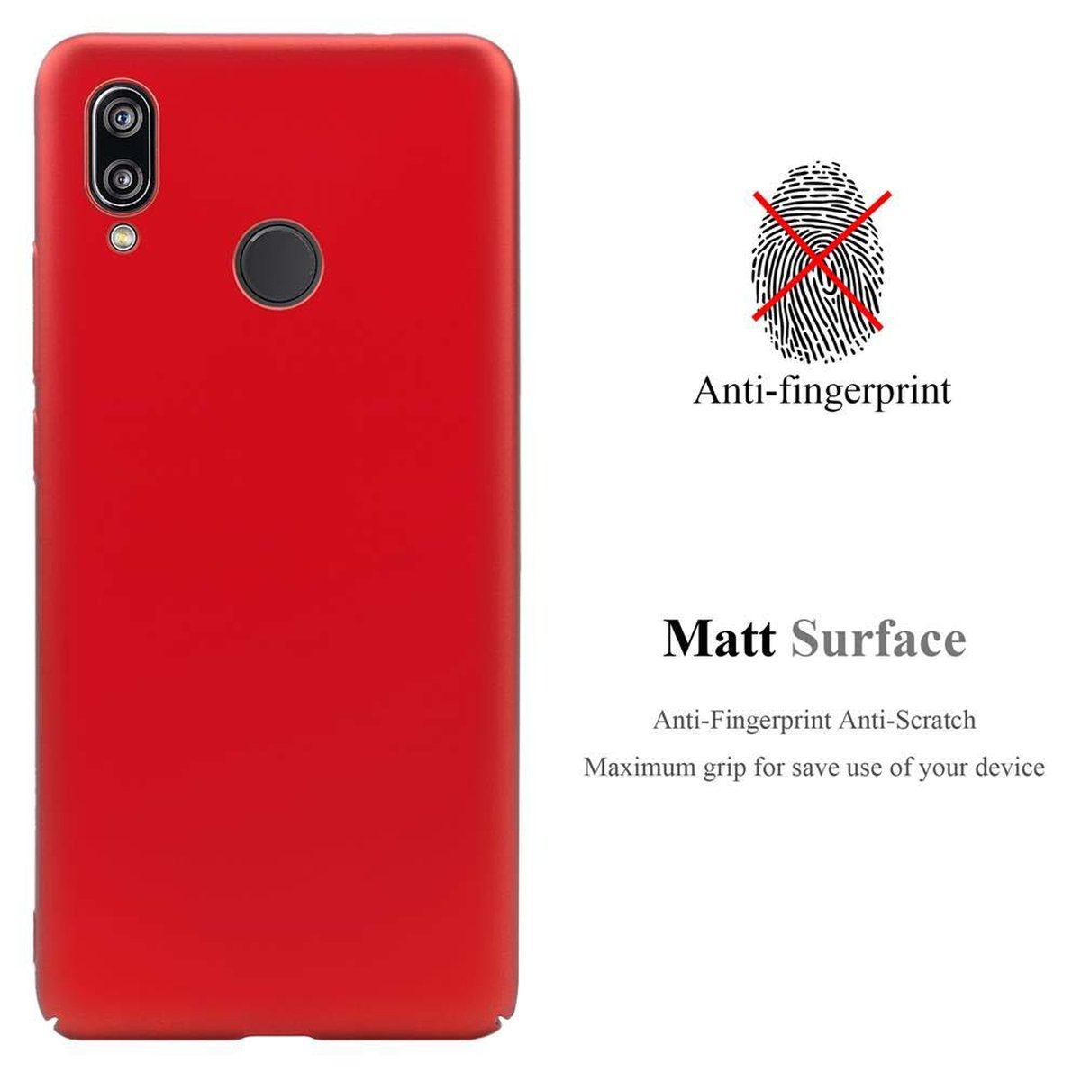 Custodia per telefono rossa con protezione fotocamera e impronte digitali, e testo 'Matt Surface'.