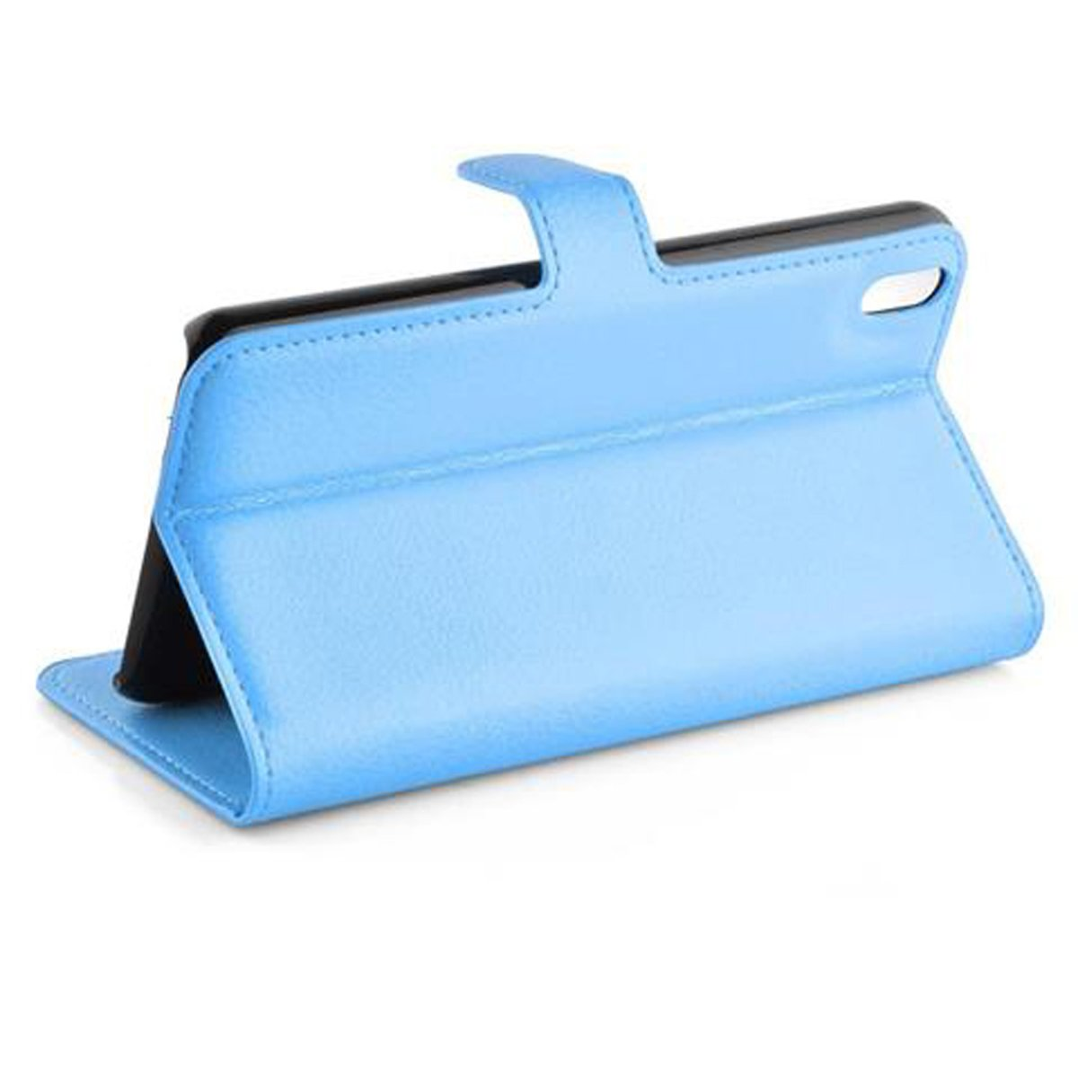Eine blaue Handyhülle mit Smartphone, offen, und zeigt den Bildschirm.
