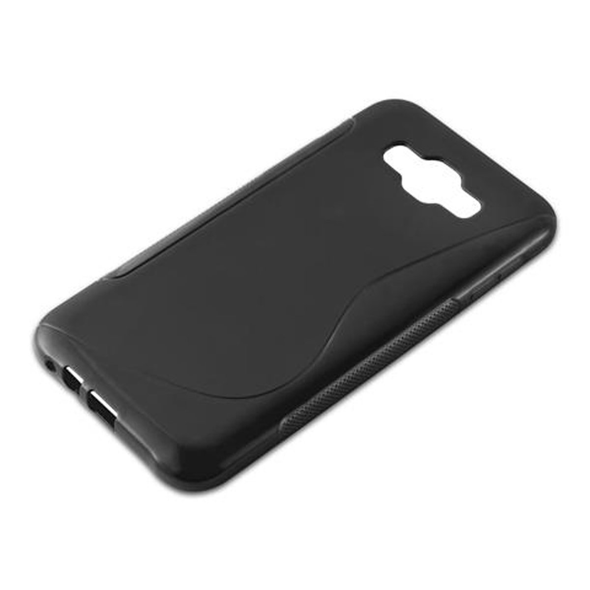 Schwarze Handyhülle mit geschwungenem Design und Aussparungen für Anschlüsse und Kamera.