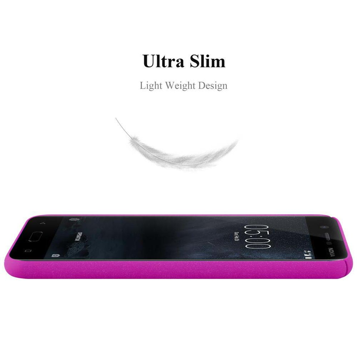 Eine magenta Handyhülle liegt. Die Worte 'Ultra Slim' und eine Feder sind sichtbar.