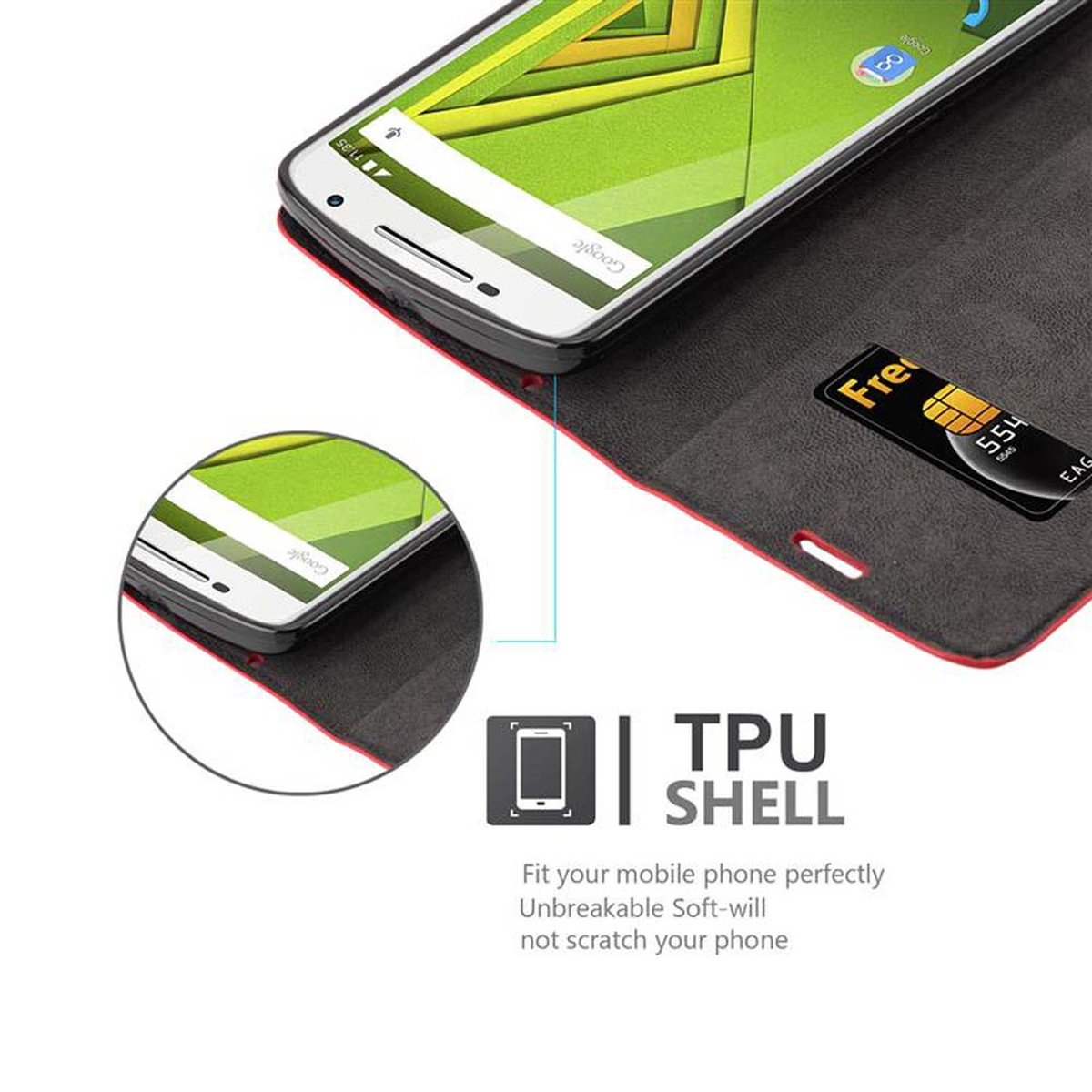 Un telefono in una custodia con una SIM card. La custodia è etichettata con 'TPU SHELL' e ha un diagramma.
