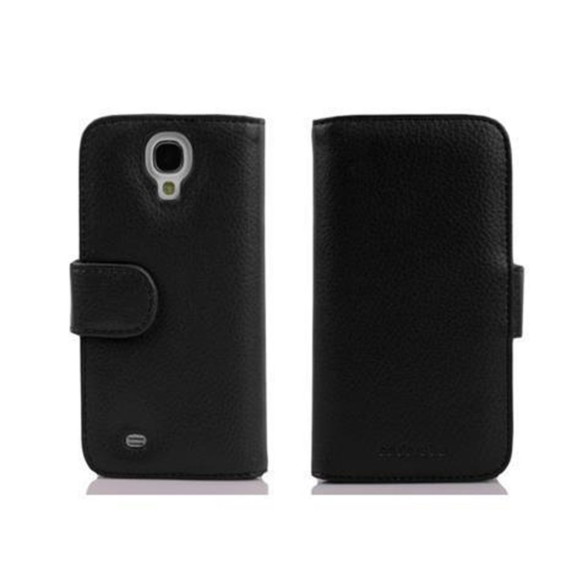 Custodia per telefono nera, anteriore e posteriore. Presenta una chiusura e fori per la fotocamera.