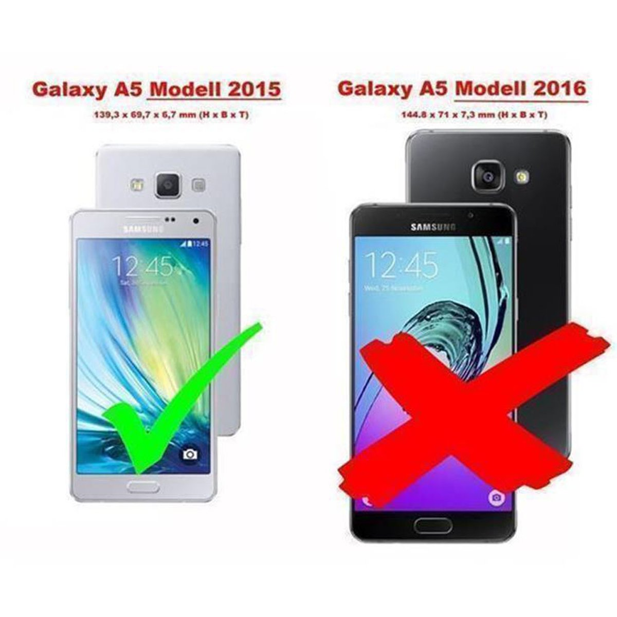Due telefoni, modelli Samsung Galaxy A5. Un segno di spunta verde, una X rossa. Sfondo bianco.