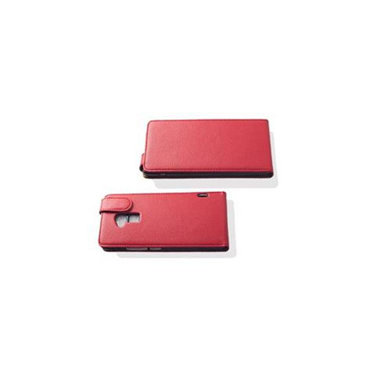 Custodia rossa, che mostra viste chiuse e aperte. La custodia ha una chiusura magnetica.