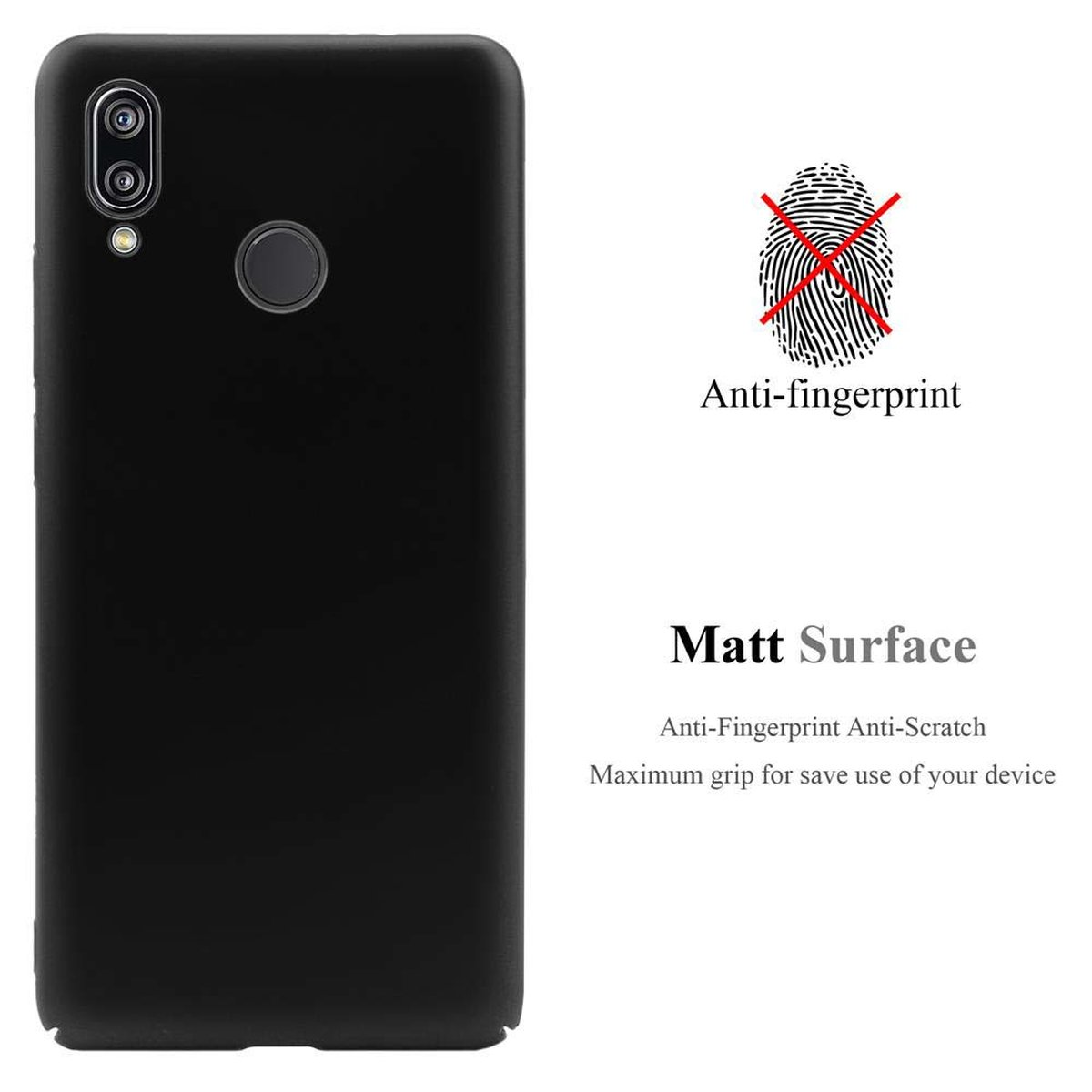 Custodia nera per telefono con testo anti-impronta e simbolo di impronta sbarrata. Testo superficie opaca.