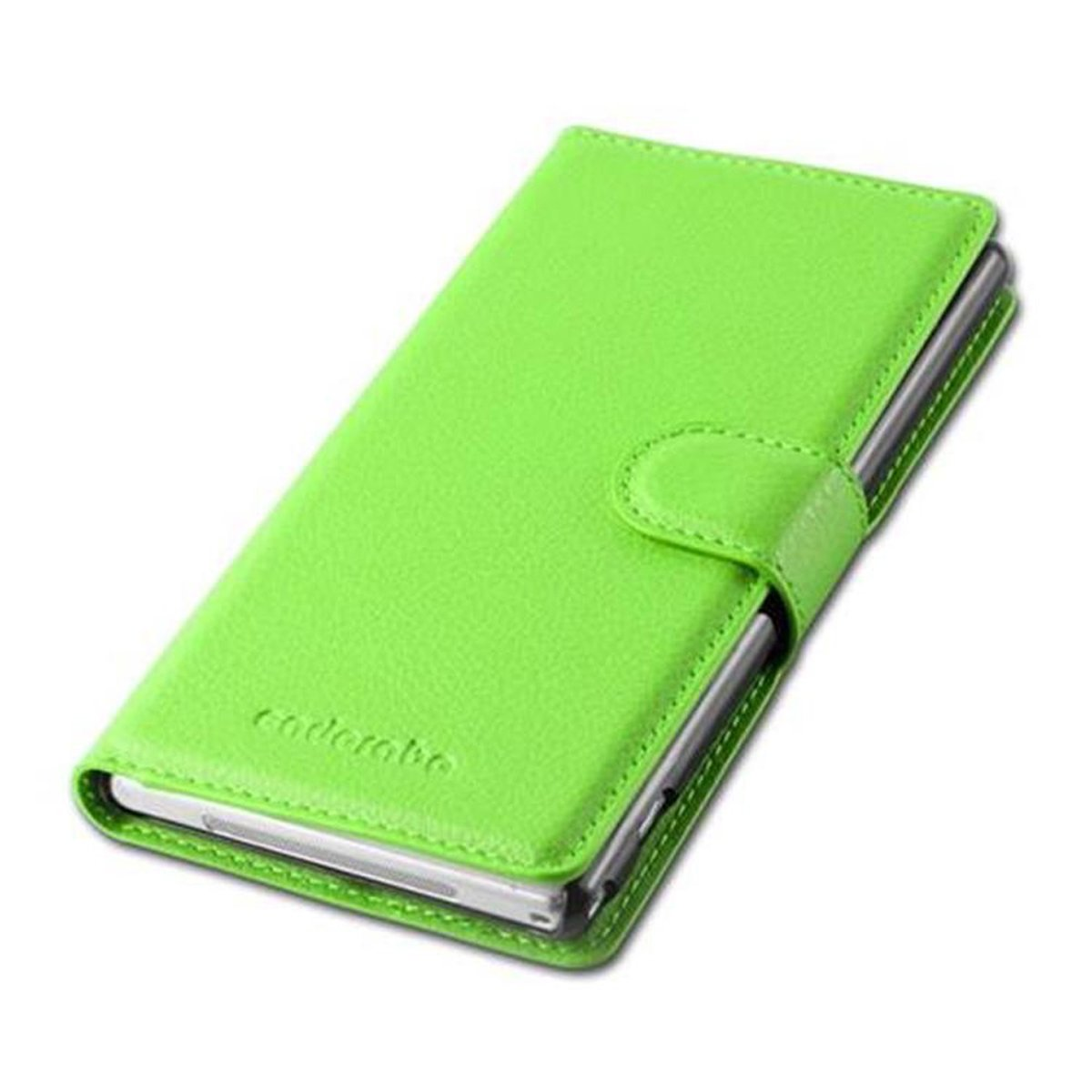 Custodia verde per telefono, chiusa. La custodia ha una patta e una chiusura a bottone.
