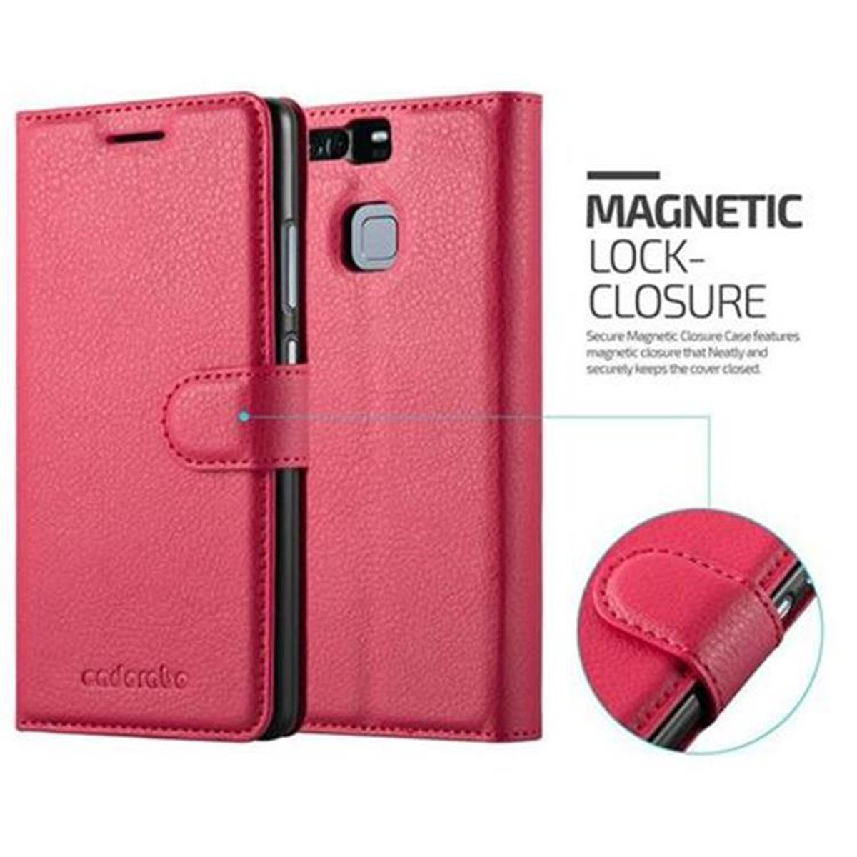 Eine rote Handyhülle, geöffnet mit einem Telefon. Die Hülle hat einen Magnetverschluss, mit Nahaufnahme.