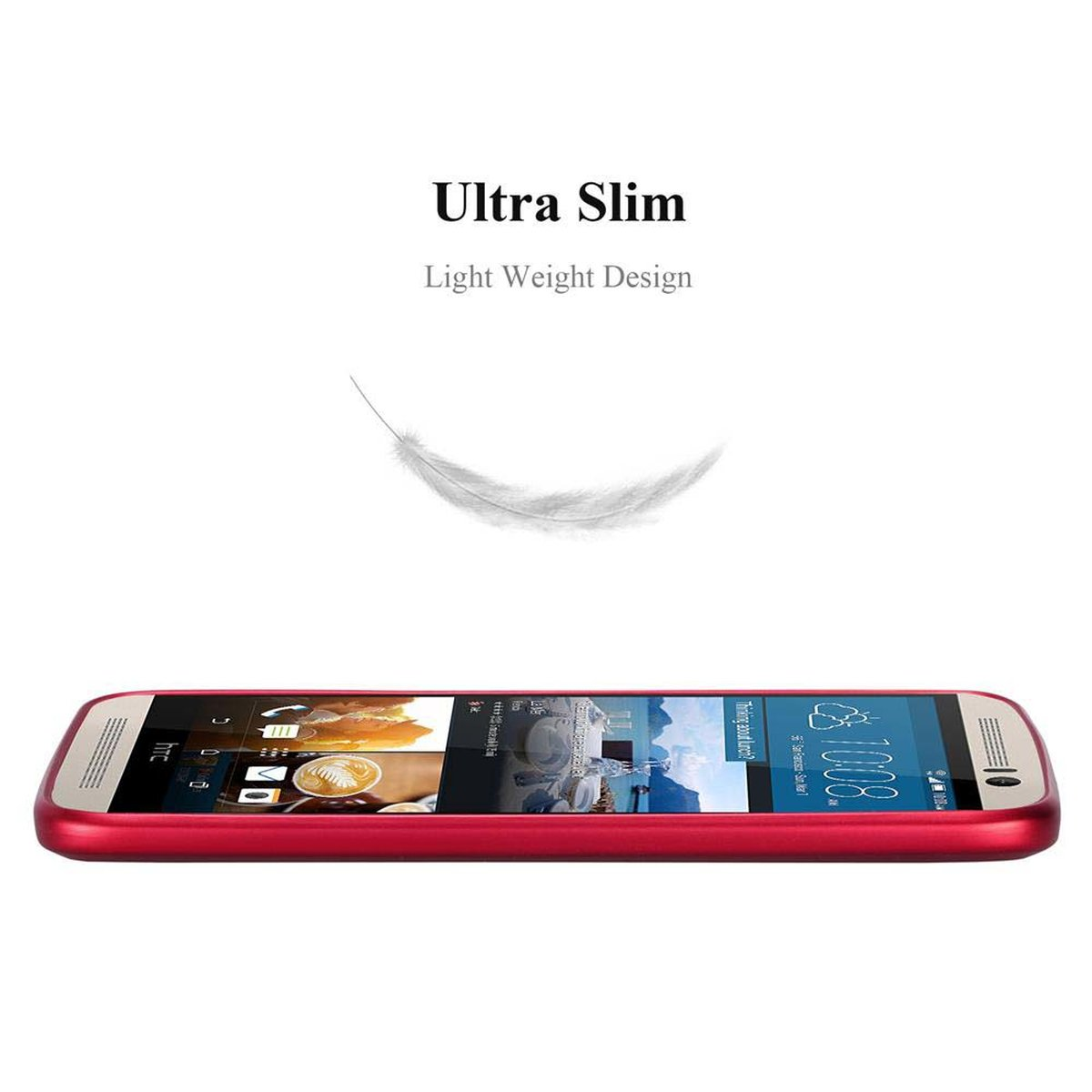 Uno smartphone in una custodia rossa. Il telefono mostra un orologio alle 10:08 e un grafico a forma di piuma.