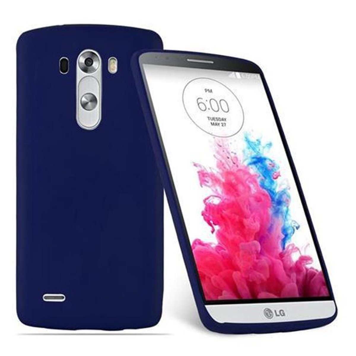 Eine blaue Handyhülle mit einem Telefon darin. Das Telefon hat eine blaue Hülle mit einem farbenfrohen Bildschirm.