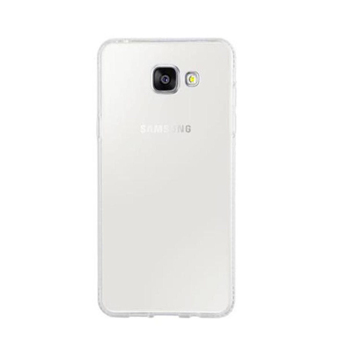 Custodia trasparente su telefono bianco. Il telefono ha una fotocamera e il logo Samsung.