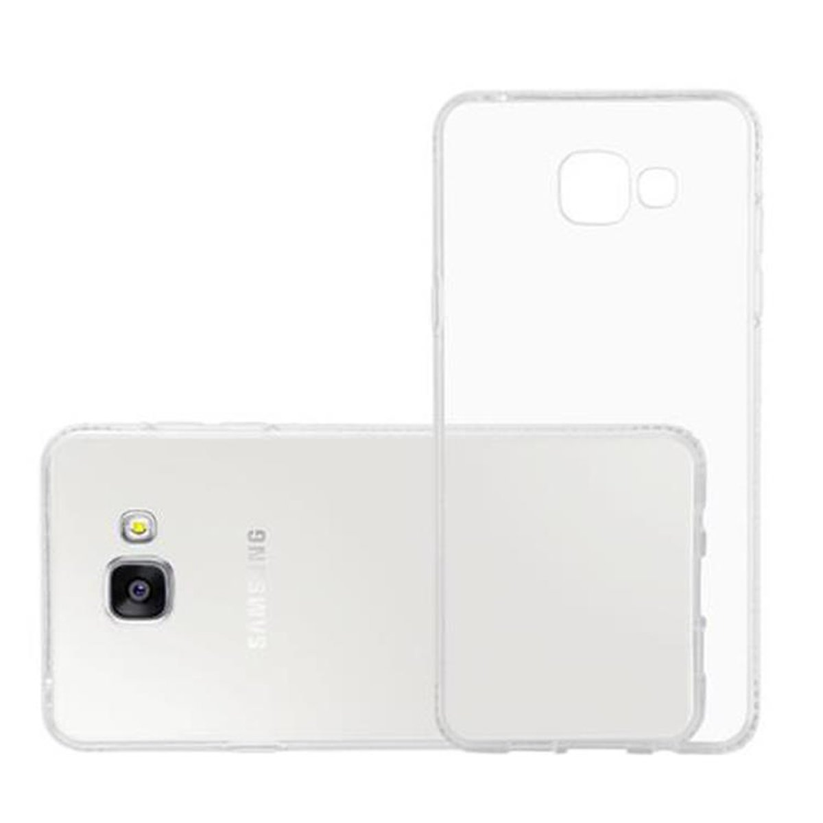Custodia trasparente per telefono, posizionata su un telefono bianco. Sono visibili due custodie per telefono.