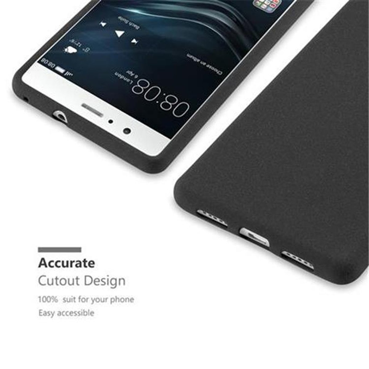 Un teléfono negro y una funda. El teléfono es negro. El texto dice diseño de recorte preciso.