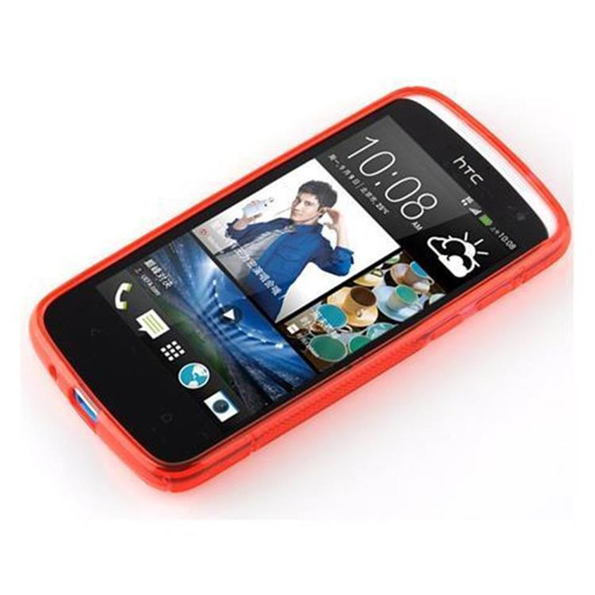 Ein HTC-Telefon mit rotem Gehäuse, das eine Benutzeroberfläche mit einem Bild eines Mannes anzeigt. Das Telefon befindet sich auf weißem Hintergrund.