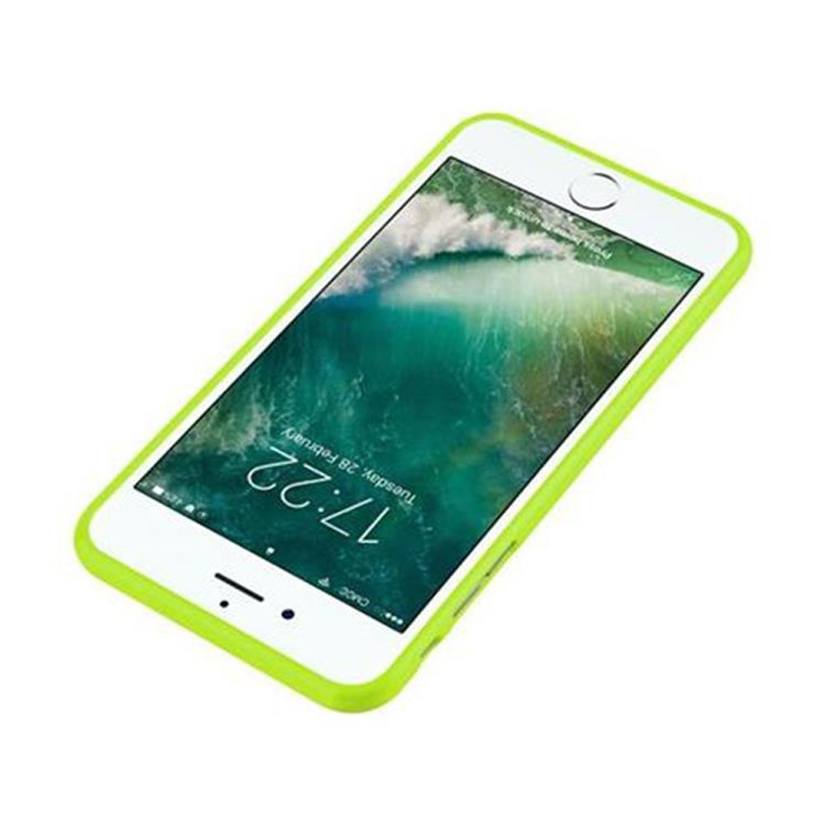 Un telefono bianco con custodia verde mostra un'immagine di onda con l'ora 17:22.