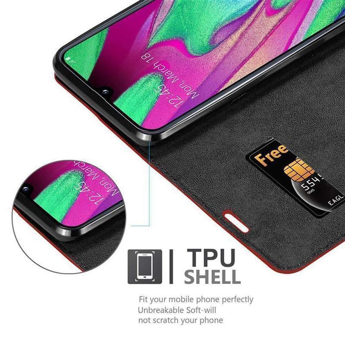 Custodia per telefono con telefono all'interno, aperta, con carta di credito e logo, e icona guscio TPU.