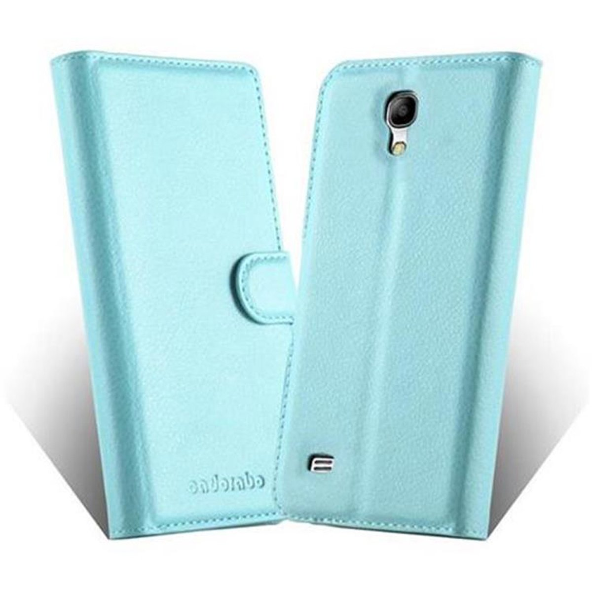 Custodia per telefono azzurra, aperta. La custodia ha una chiusura magnetica.