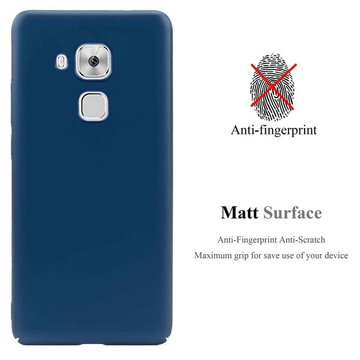Custodia blu. Anti-impronte e superficie opaca. Testo indica massima presa per il dispositivo.