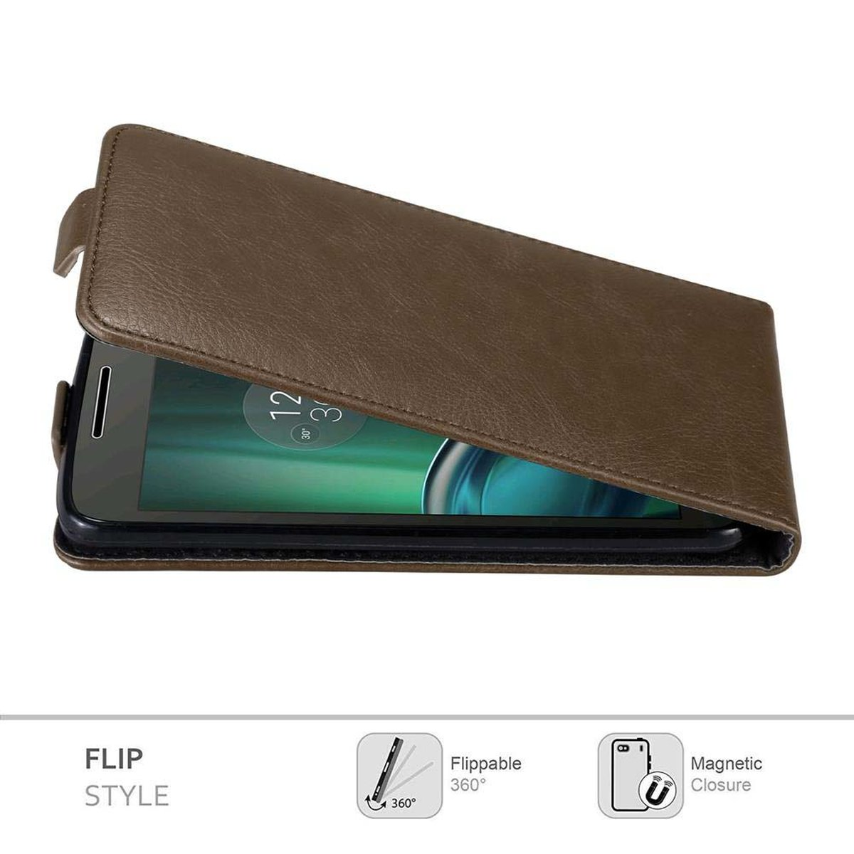 Funda marrón abierta, mostrando el teléfono. Ilustración muestra estilo flip, giratorio y cierre magnético.