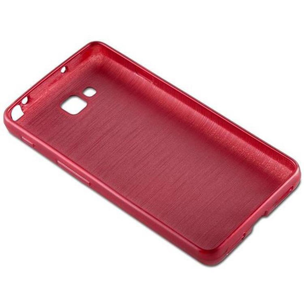 Funda roja de teléfono. La funda está vacía. La funda está en vista superior.