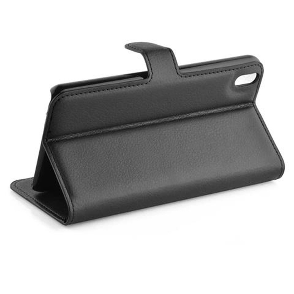 Schwarze Handyhülle, Lederstruktur, offen und ausgeklappt, Innenansicht.