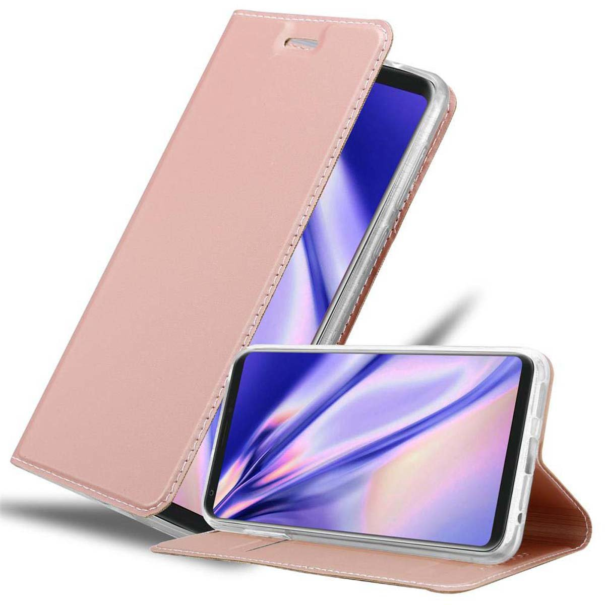 Telefono in una custodia rosa, aperto e che mostra lo schermo. Sfondo bianco.