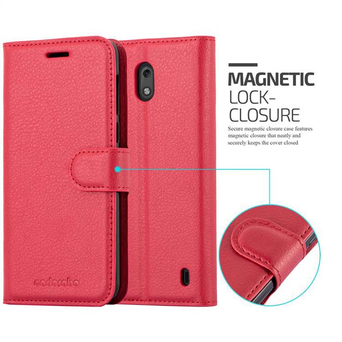 Custodia rossa per telefono aperta. Il testo recita: chiusura magnetica. Primo piano della serratura.