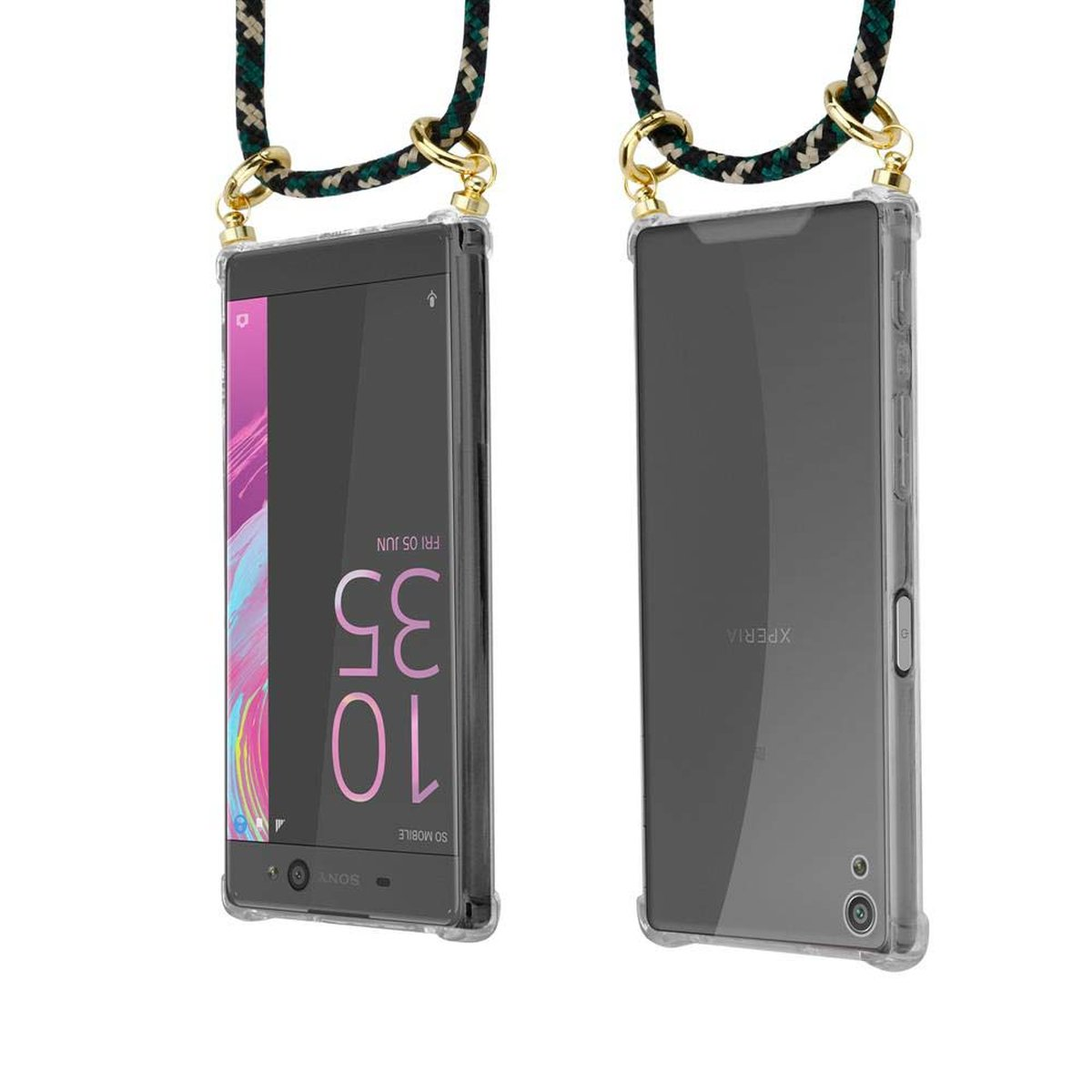 CADORABO Handy Kette mit Xperia XA, Sony, Gold CAMOUFLAGE Band Hülle, Kordel und abnehmbarer Backcover, Ringen