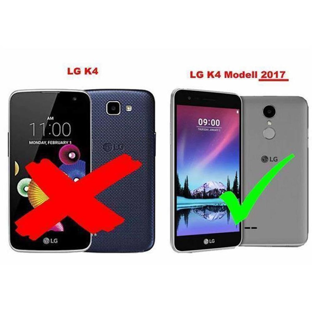 Dos teléfonos lado a lado. Uno marcado con X, el otro con una marca de verificación. El texto identifica los modelos.