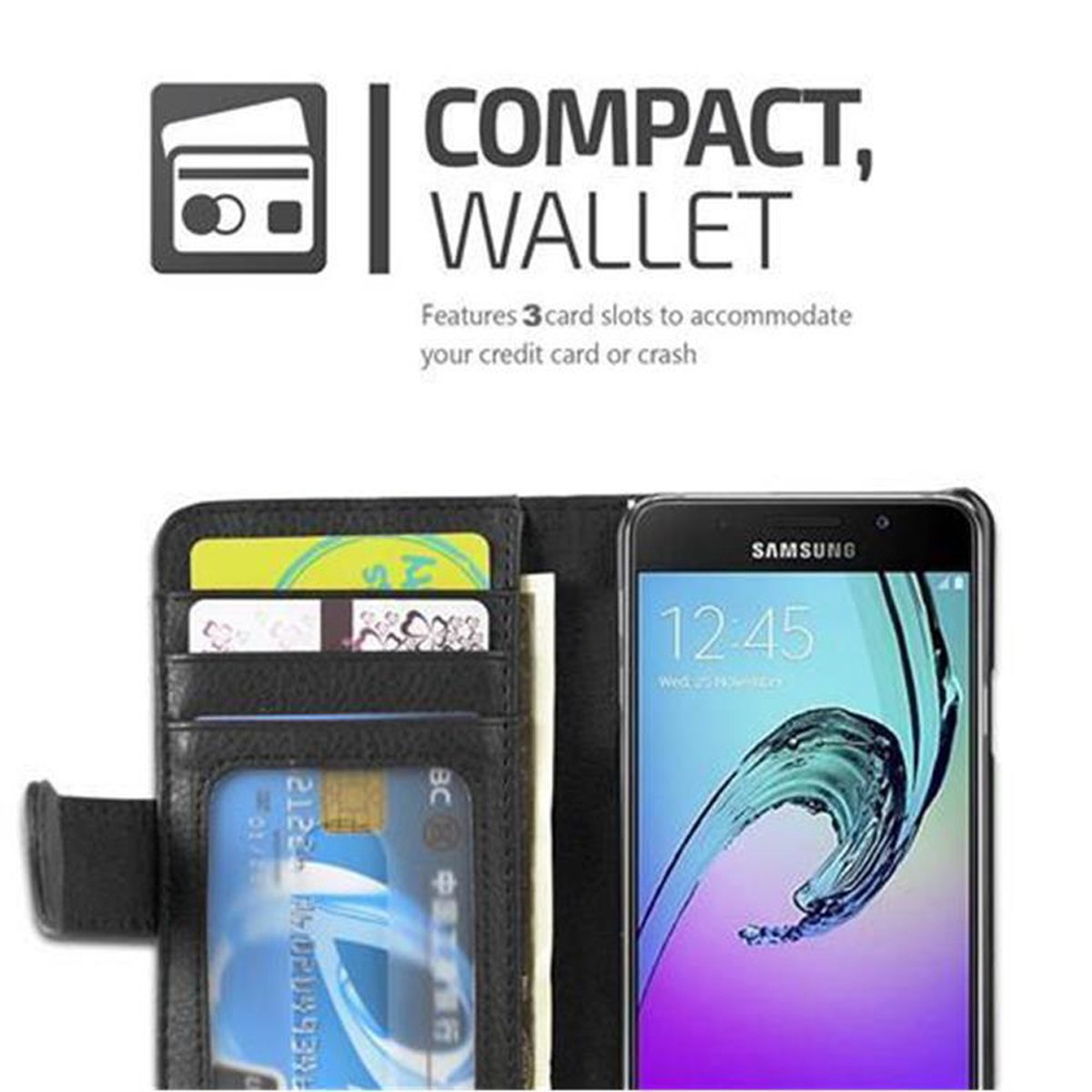 Samsung, CADORABO Standfunktuon, A3 Hülle mit SCHWARZ Kartenfach Book Bookcover, OXID Galaxy 2016,