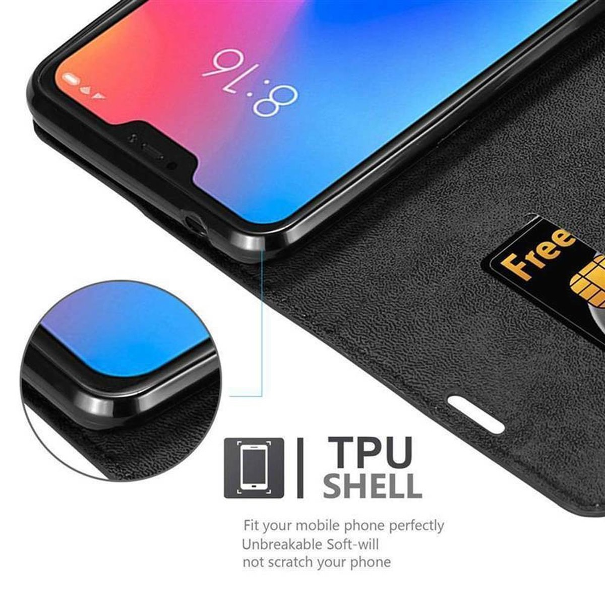 Custodia per telefono nera, che mostra un telefono con schermo e slot per carte di credito. Testo: 'TPU SHELL'.