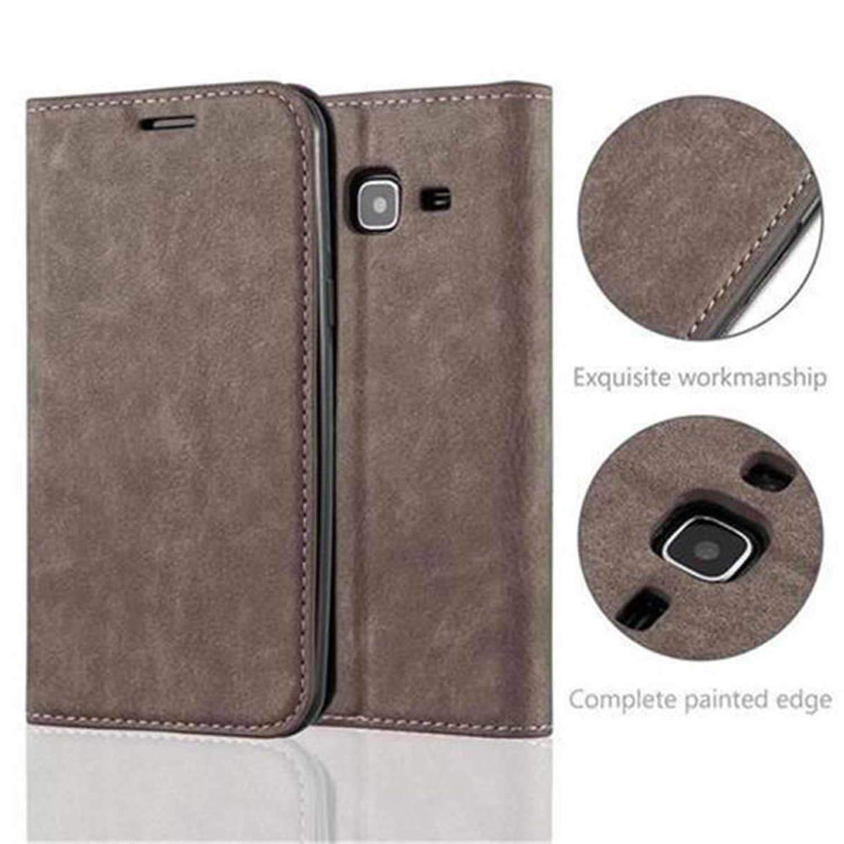 Funda de teléfono gris, vista frontal y trasera. El teléfono tiene una cámara y un botón.