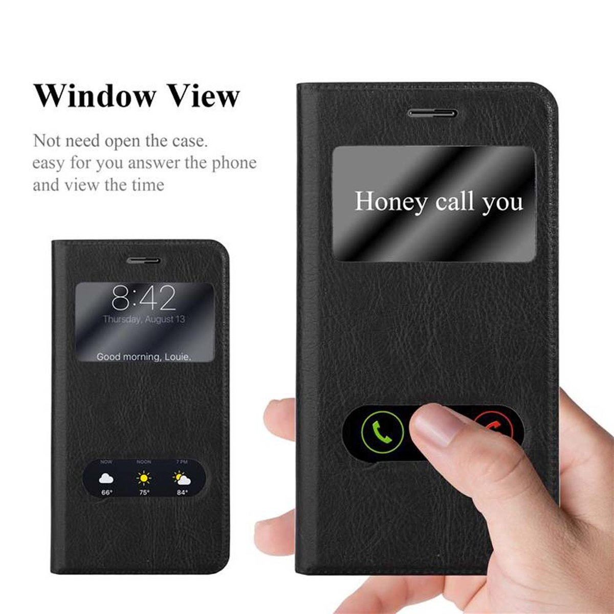Funda de teléfono negra con ventana. La ventana muestra la hora 8:42 y una notificación de llamada perdida.