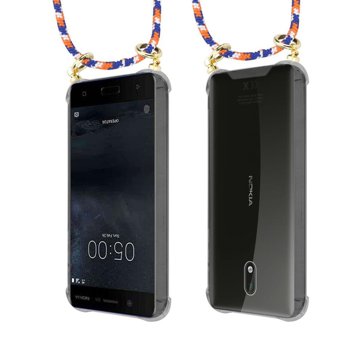 Gold abnehmbarer Nokia, Hülle, 2017, BLAU WEIß mit Backcover, Kette Ringen, Band und CADORABO Kordel ORANGE Handy 3