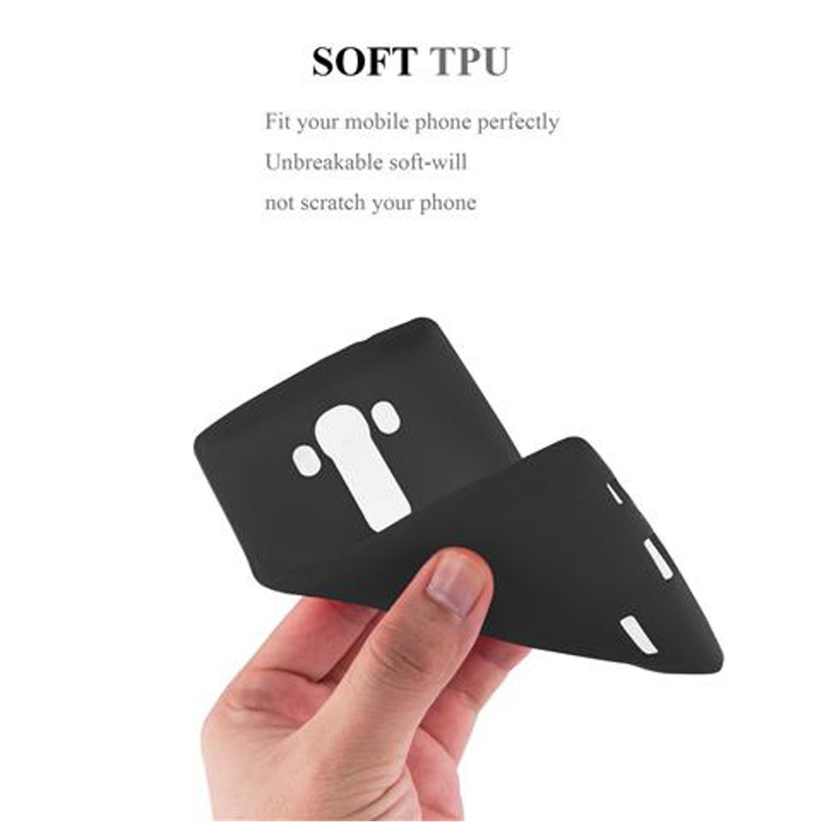 Mano sosteniendo una funda negra para teléfono. La funda está adaptada al teléfono.