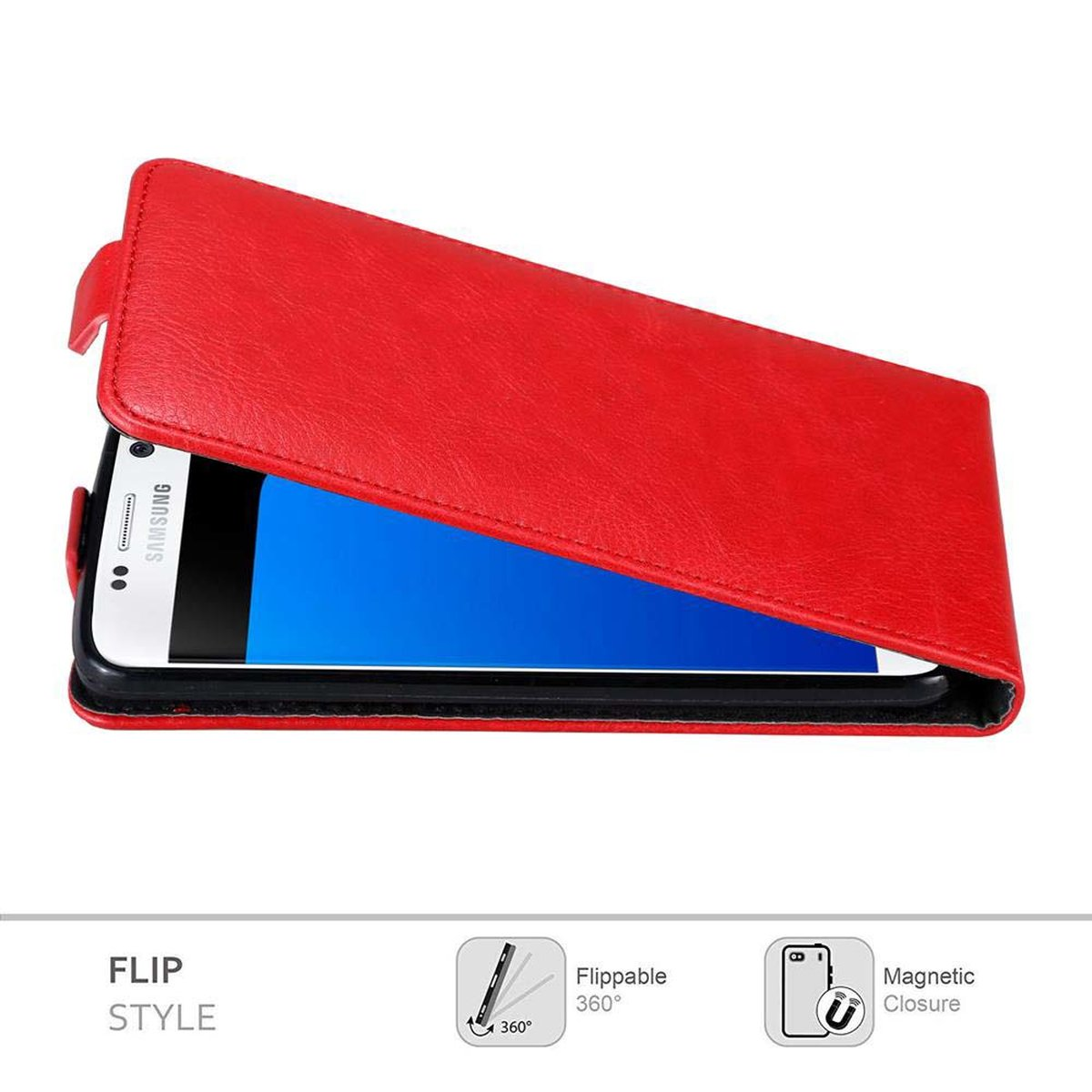 Custodia a libro rossa con un telefono all'interno. La custodia è parzialmente aperta.