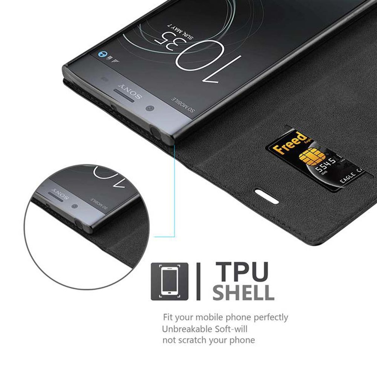 Custodia per telefono nera con telefono all'interno, con carta di credito, con descrizione del guscio in TPU.