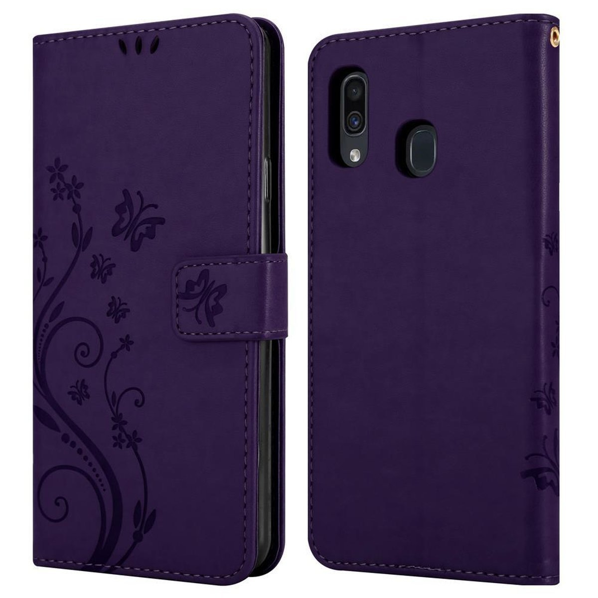 Samsung, A30 Galaxy LILA FLORAL DUNKEL Flower A20 / Blumen / Muster Hülle CADORABO M10s, Bookcover, Case,