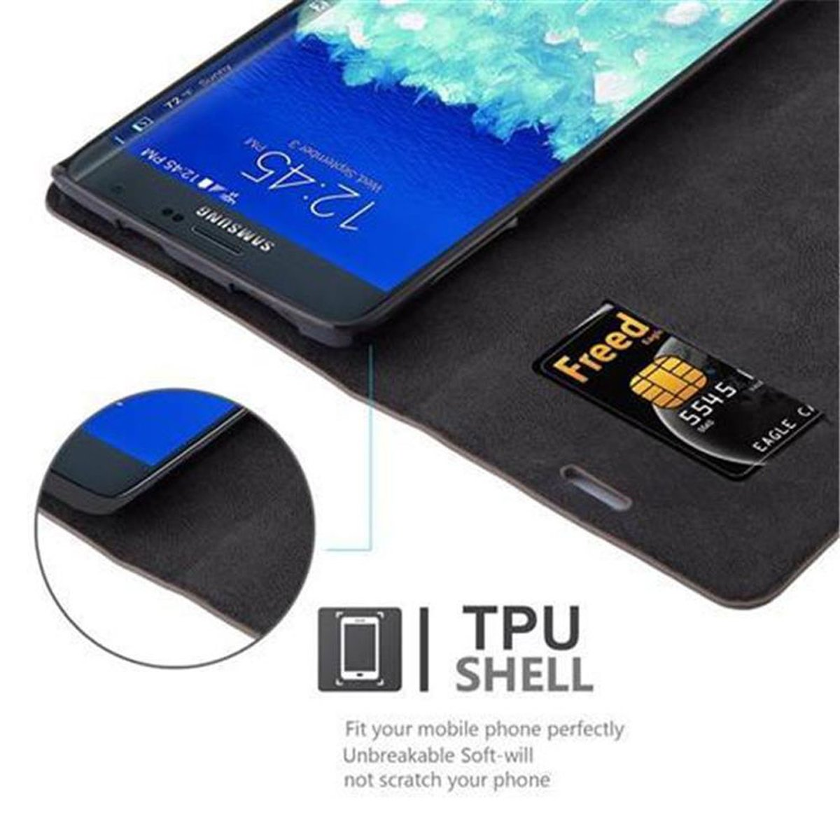 Offene Handyhülle mit Telefon. Eine Kreditkarte ist eingesetzt. Der Text besagt TPU-Schale und Telefonschutz.