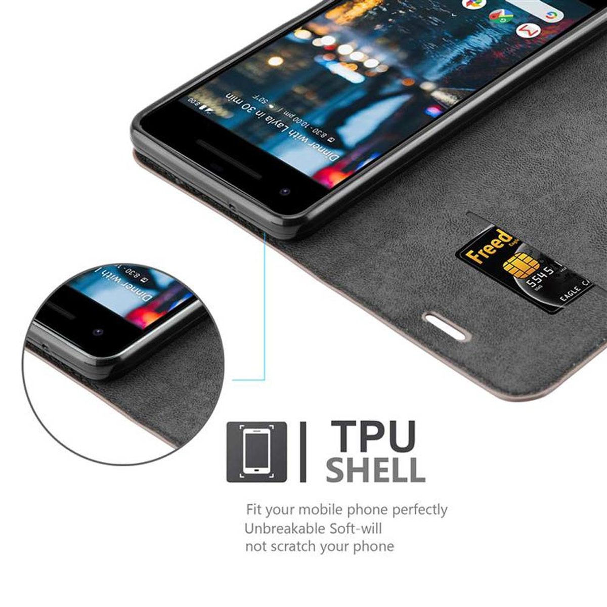 Ein Telefon befindet sich in einer Hülle. Text sagt TPU SHELL. Eine Karte mit Freed-Logo ist sichtbar.