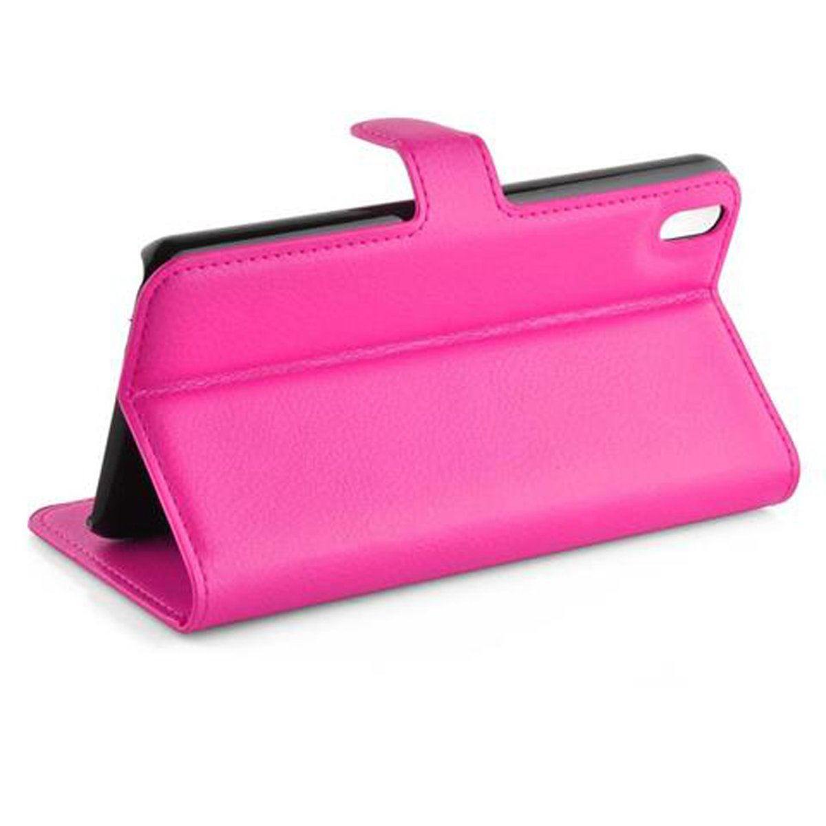 Eine pinkfarbene Handyhülle, offen, mit einem Telefon. Die Hülle hat eine Lasche, um das Telefon zu bedecken.