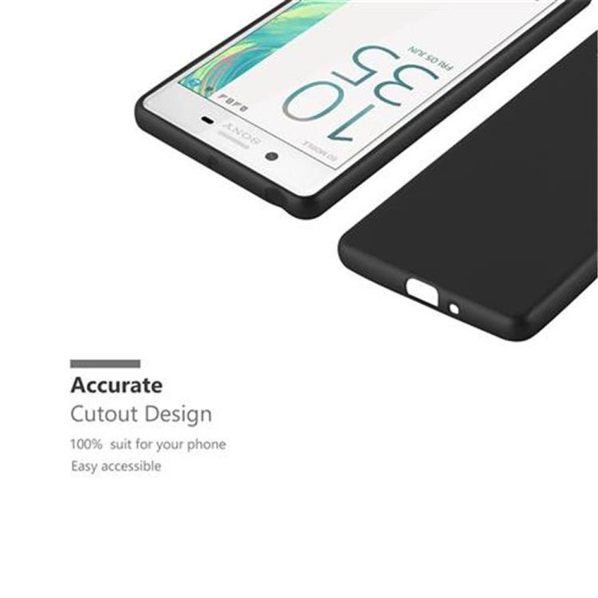 Telefono e custodia nera, schermo del telefono mostra l'ora. Testo 'Accurate Cutout'.