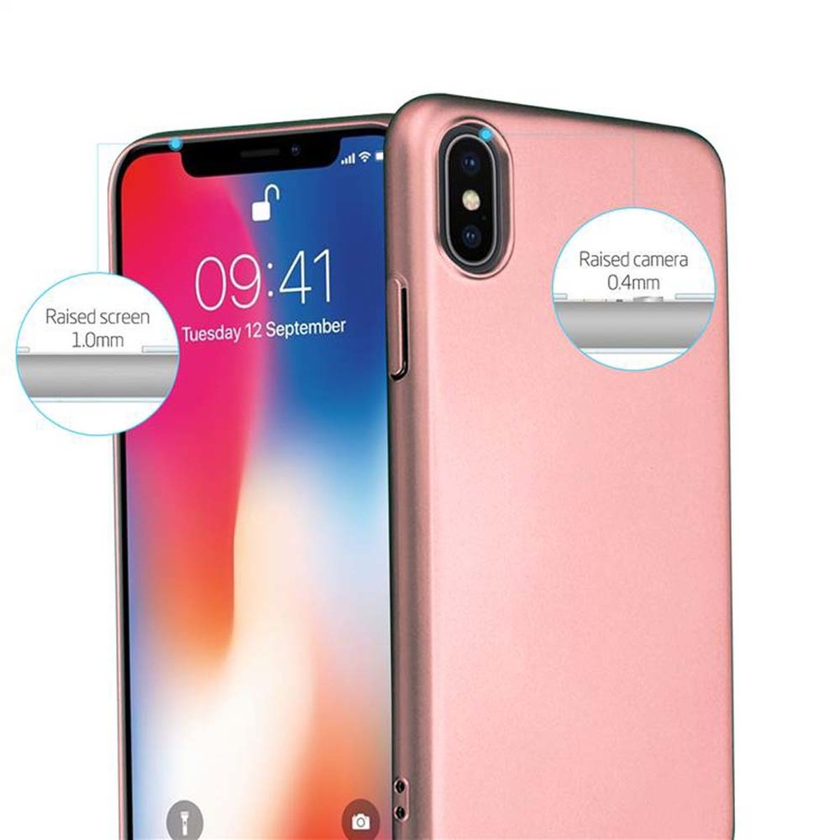 Ein rosa Telefon und Hülle. Bildschirm zeigt Zeit und Datum. Text: Erhöhter Bildschirm 1,0 mm, Erhöhte Kamera 0,4 mm.