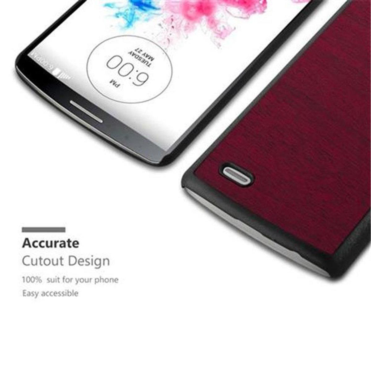 Un teléfono y parte de una funda. El diseño recortado de la funda es visible.